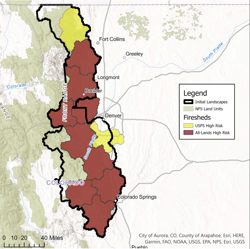 Map of Wildfire Crisis Strategy Landscape for Colorado Front Range that includes the Upper South Platte Watershed